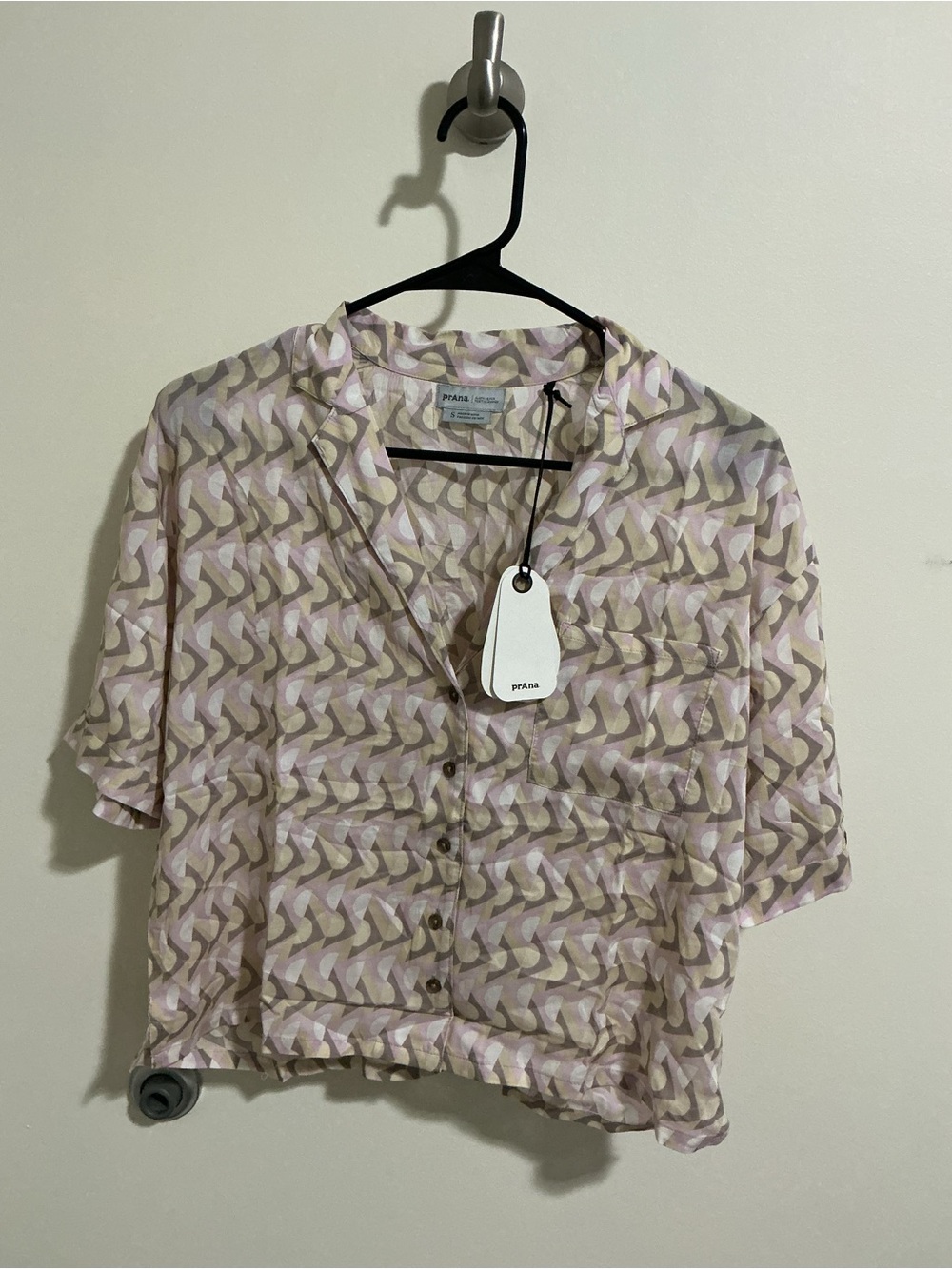 New! Prana Patterned Short Sleeve Button-Down Blouse in Lavender & Beige NWT